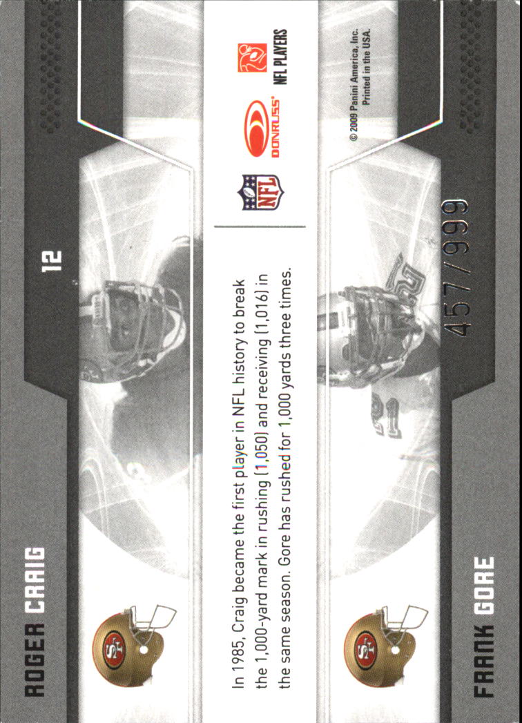 2009 Donruss Elite Passing the Torch Red #12 Roger Craig/Frank Gore back image