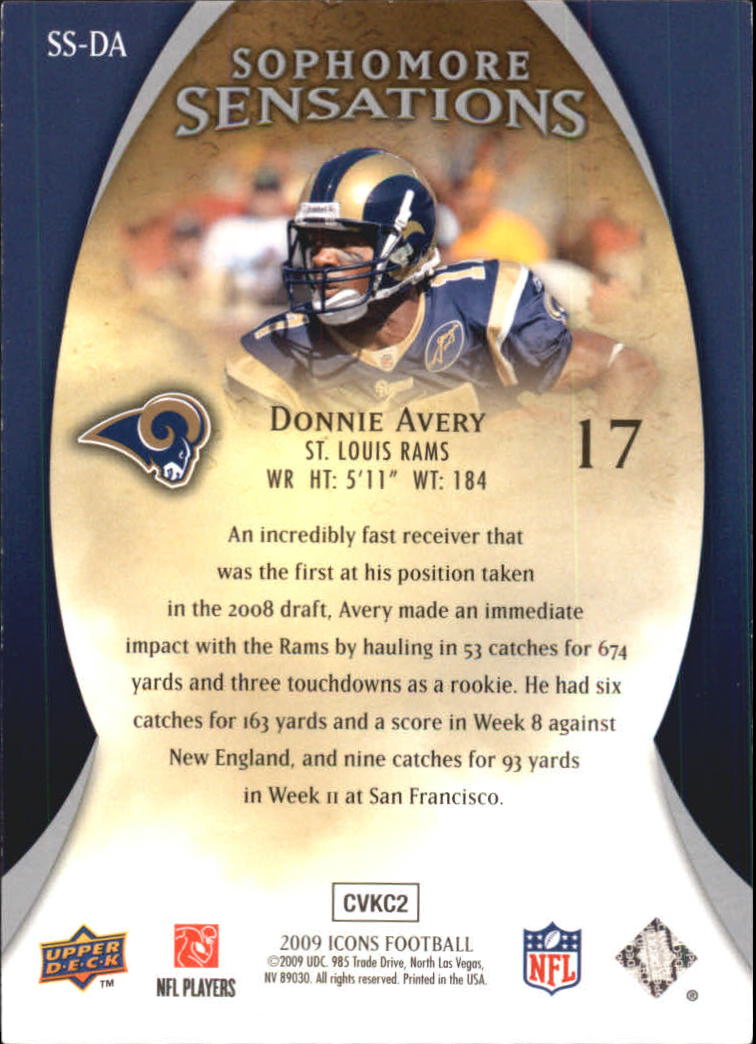 2009 Upper Deck Icons Sophomore Sensations Jerseys #SSDA Donnie Avery back image