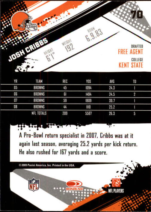 2009 Score #70 Josh Cribbs back image