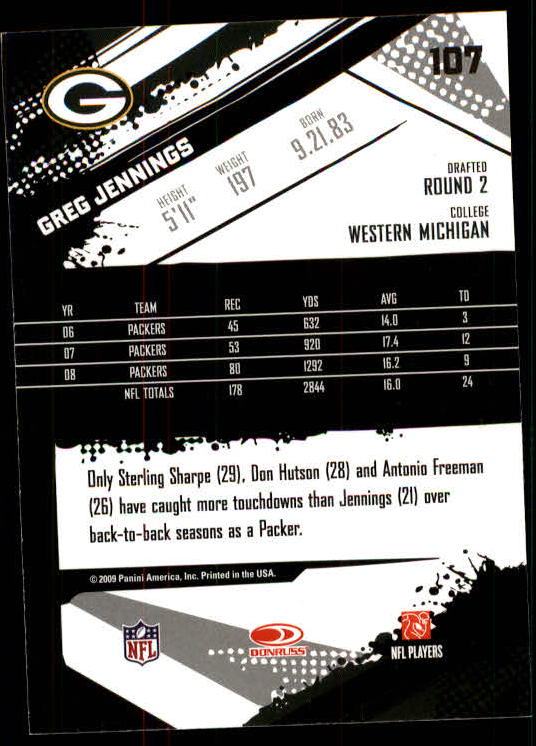 2009 Score #107 Greg Jennings back image
