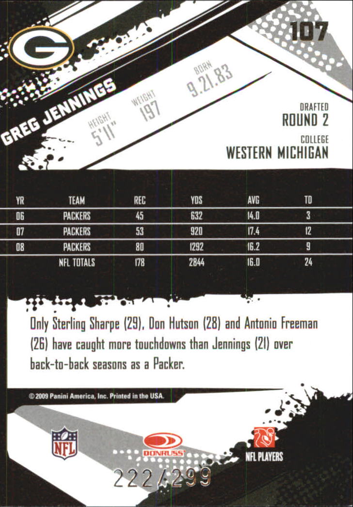 2009 Score Scorecard #107 Greg Jennings back image