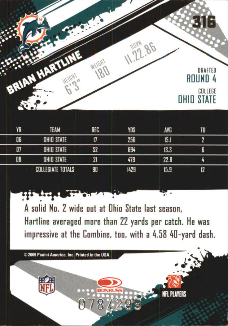 2009 Score Scorecard #316 Brian Hartline back image