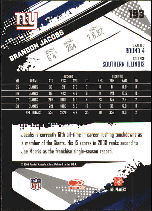 2009 Score Inscriptions #193 Brandon Jacobs back image