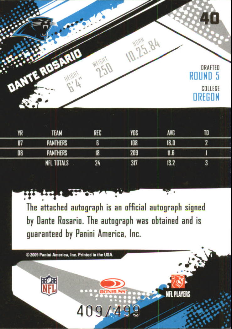 2009 Score Inscriptions Autographs #40 Dante Rosario/499 back image