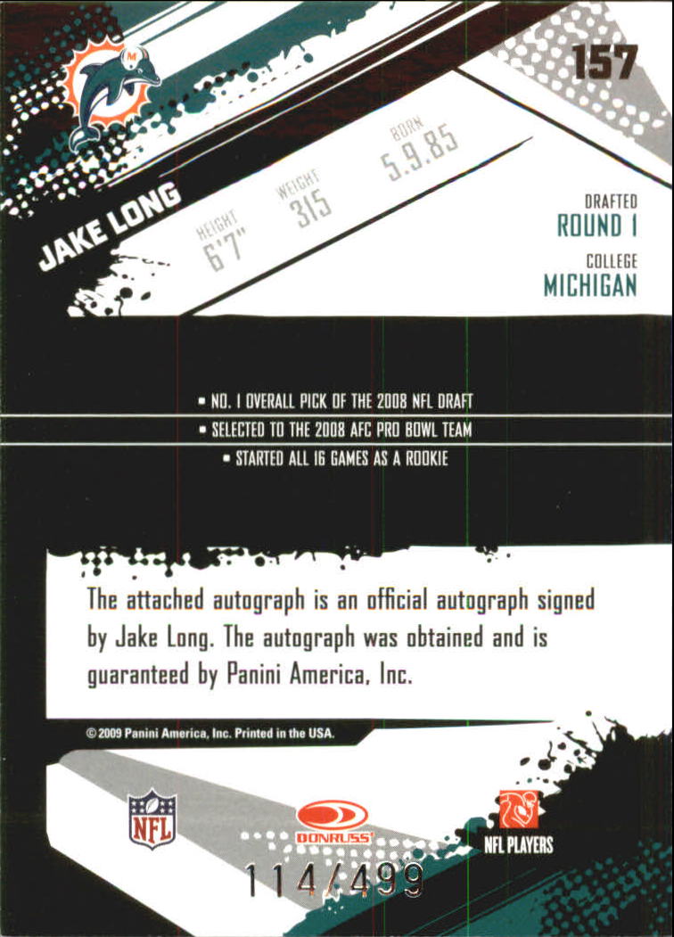 2009 Score Inscriptions Autographs #157 Jake Long/499 back image