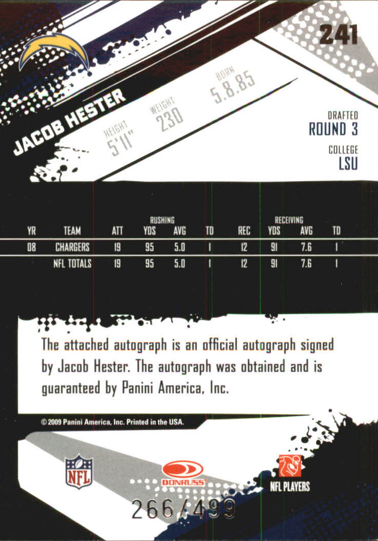 2009 Score Inscriptions Autographs #241 Jacob Hester/499 back image