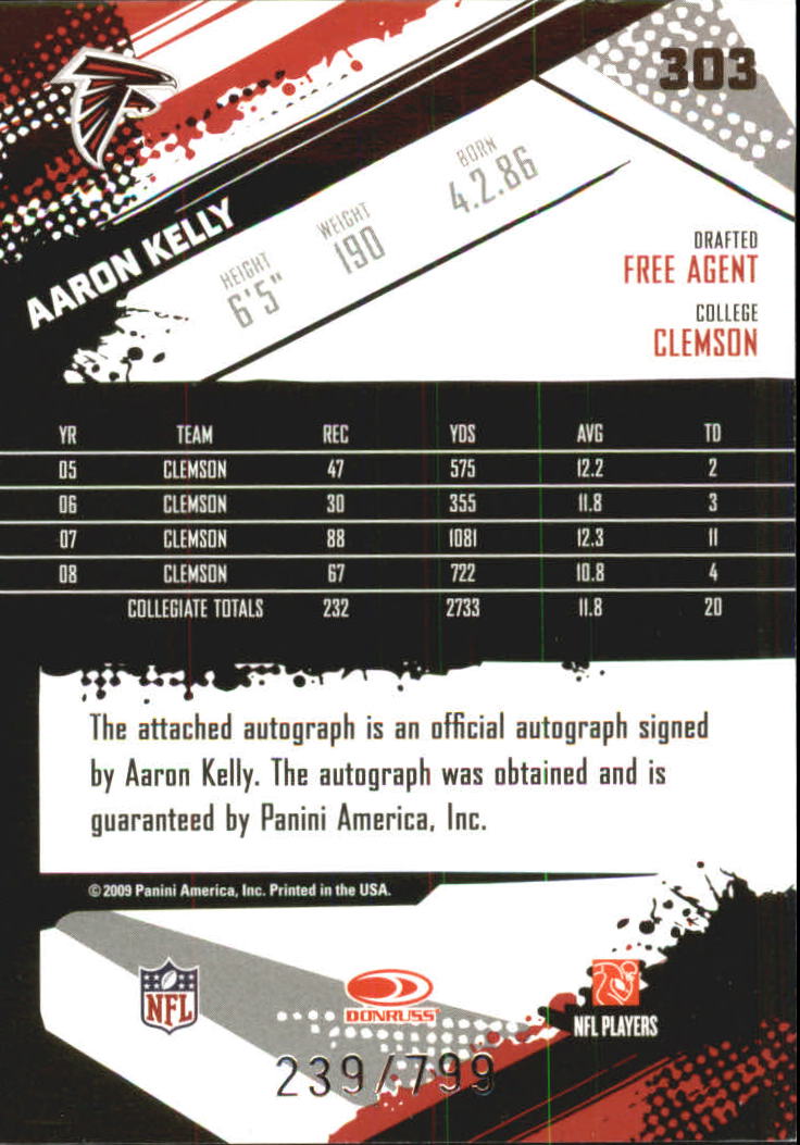 2009 Score Inscriptions Autographs #303 Aaron Kelly/799 back image