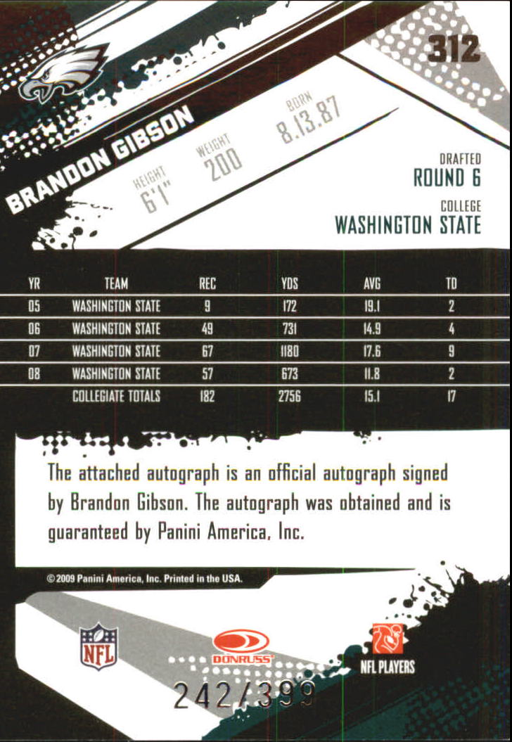 2009 Score Inscriptions Autographs #312 Brandon Gibson/399 back image