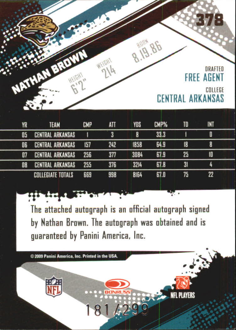 2009 Score Inscriptions Autographs #378 Nathan Brown/299 back image