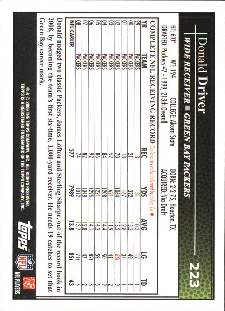 2009 Topps #223 Donald Driver back image