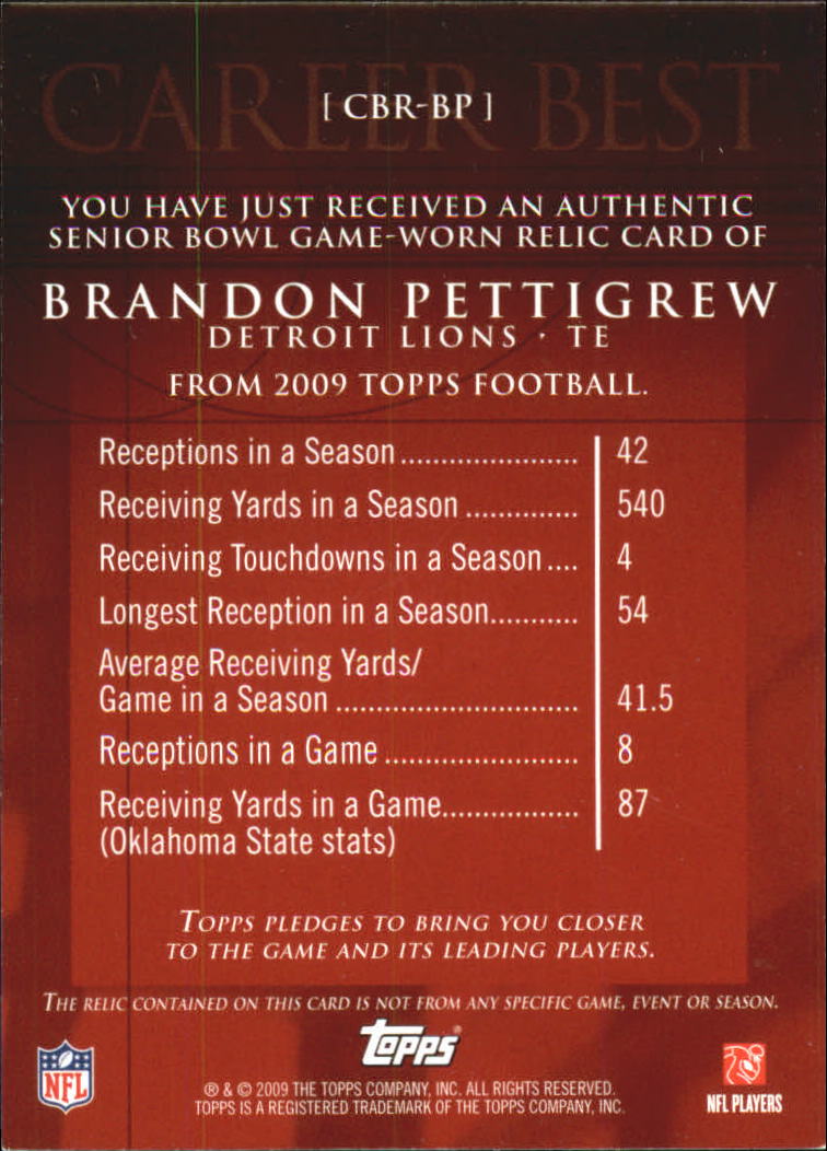 2009 Topps Career Best Jerseys #BP Brandon Pettigrew B back image