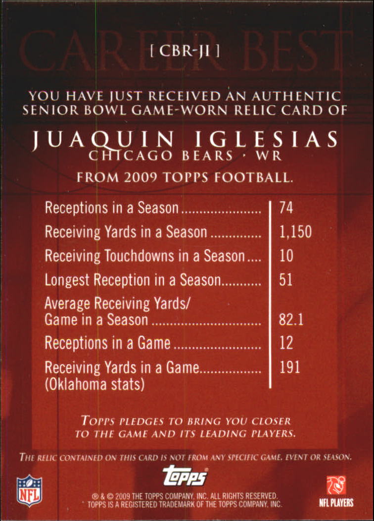 2009 Topps Career Best Jerseys #JI Juaquin Iglesias B back image
