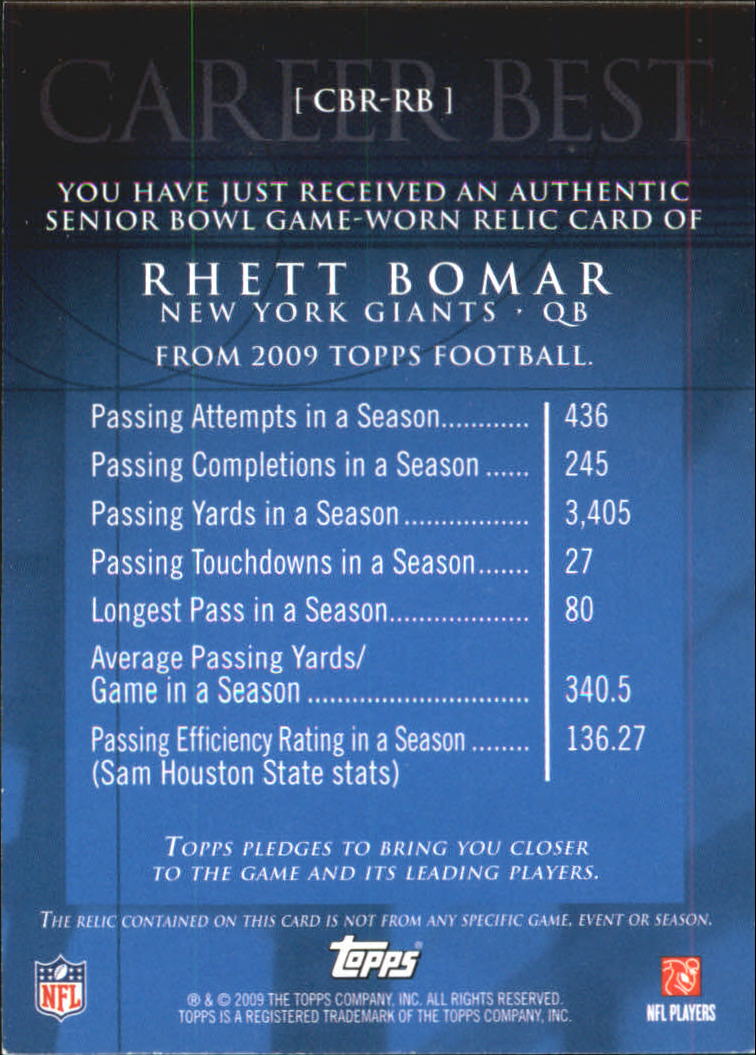 2009 Topps Career Best Jerseys #RB2 Rhett Bomar B back image