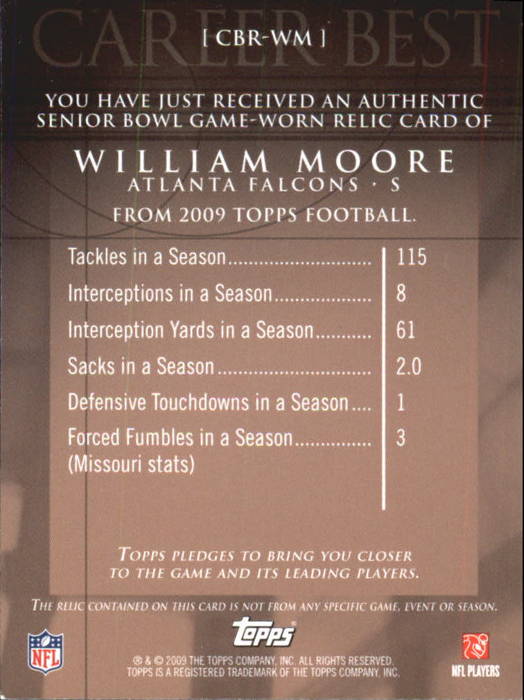 2009 Topps Career Best Jerseys #WM William Moore B back image