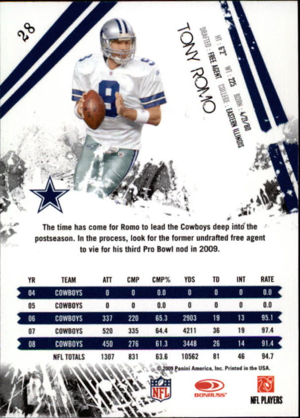 2009 Donruss Rookies and Stars #28 Tony Romo back image