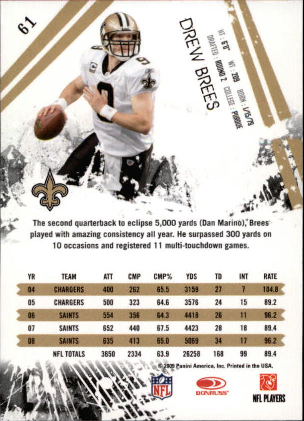 2009 Donruss Rookies and Stars #61 Drew Brees back image