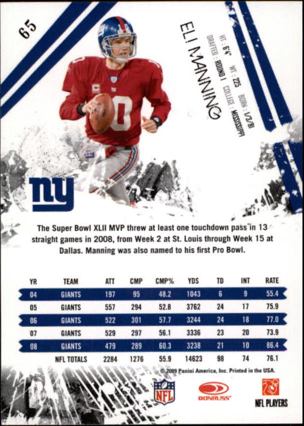2009 Donruss Rookies and Stars #65 Eli Manning back image