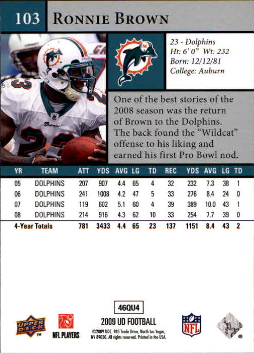2009 Upper Deck #103 Ronnie Brown back image
