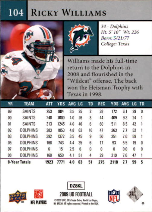 2009 Upper Deck #104 Ricky Williams back image