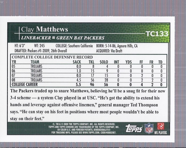 2009 Topps Chrome #TC133 Clay Matthews RC back image