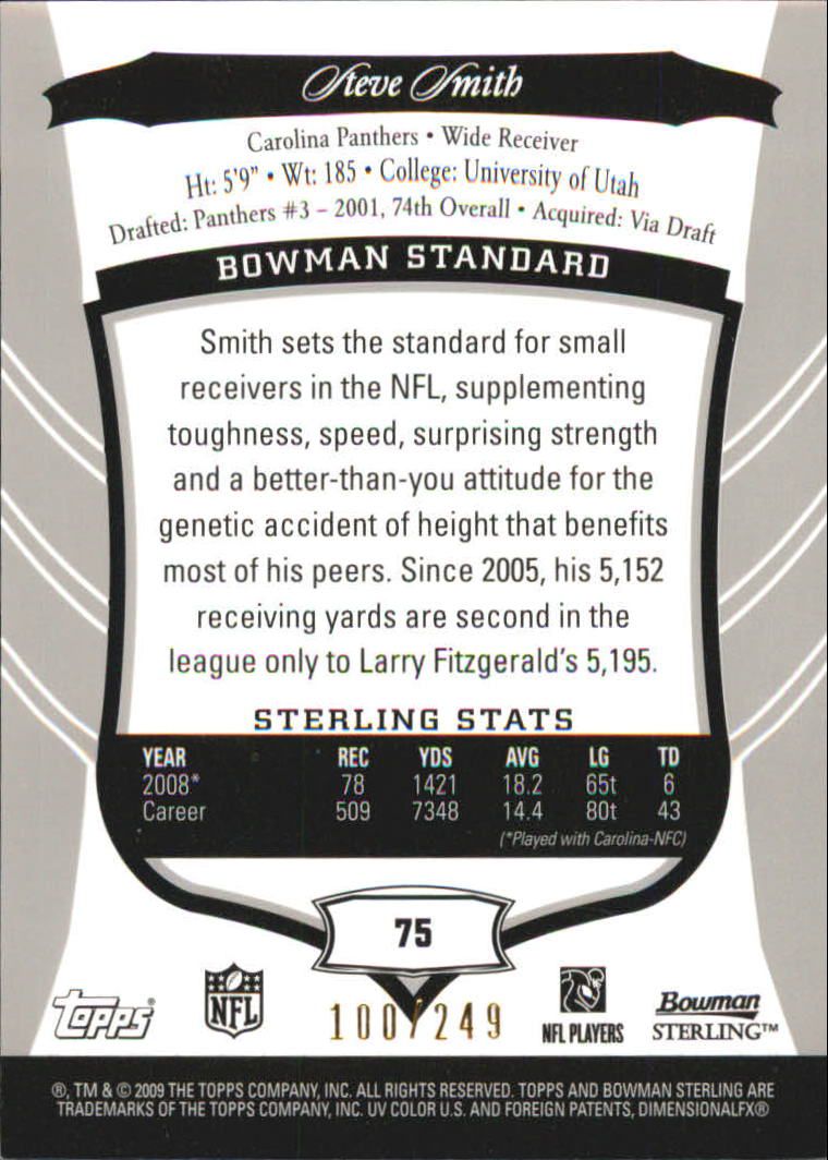 2009 Bowman Sterling #75 Steve Smith JSY/249 back image