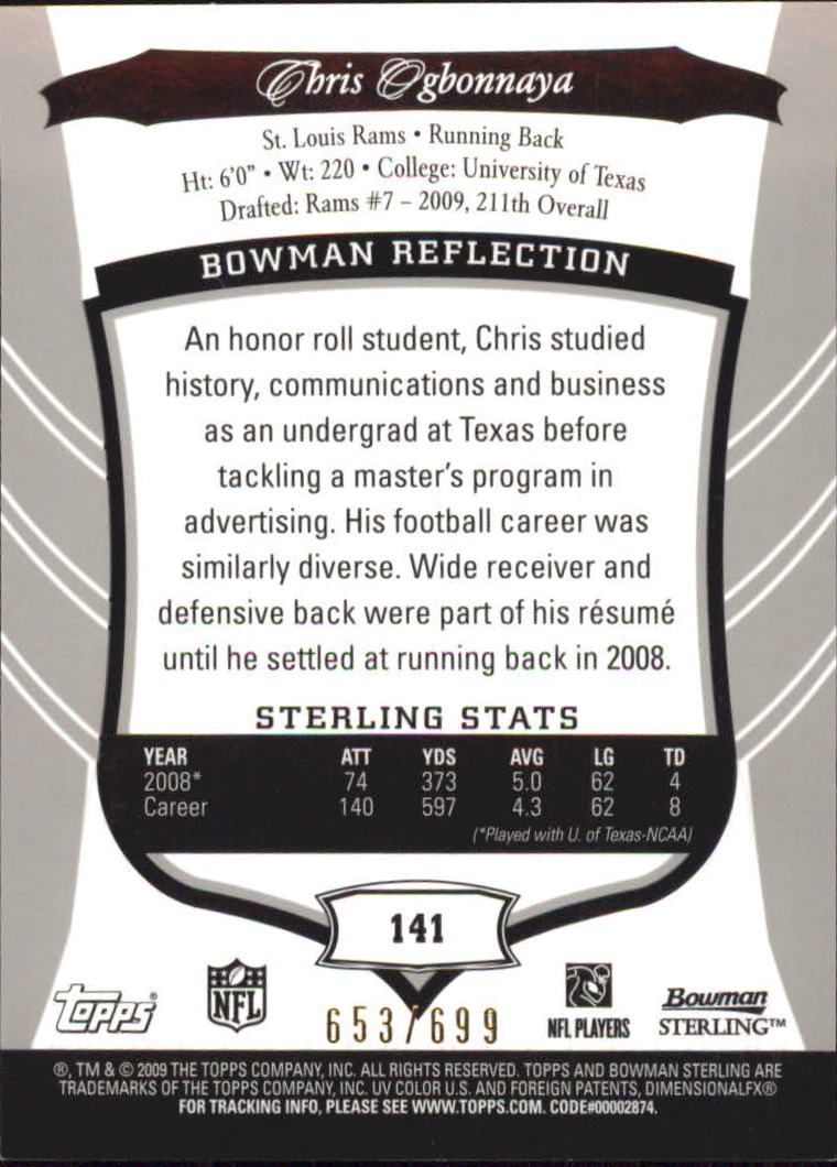 2009 Bowman Sterling #141 Chris Ogbonnaya AU/699 RC back image