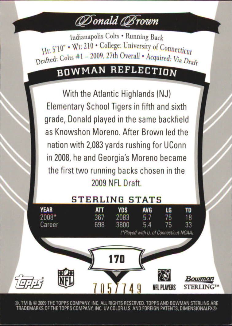 2009 Bowman Sterling #170A Donald Brown JSY/749 RC back image