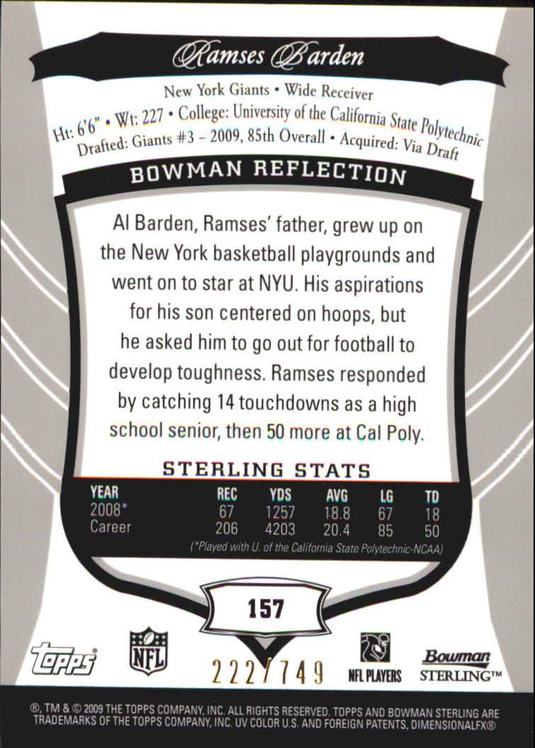 2009 Bowman Sterling #157A Ramses Barden JSY/749 RC back image