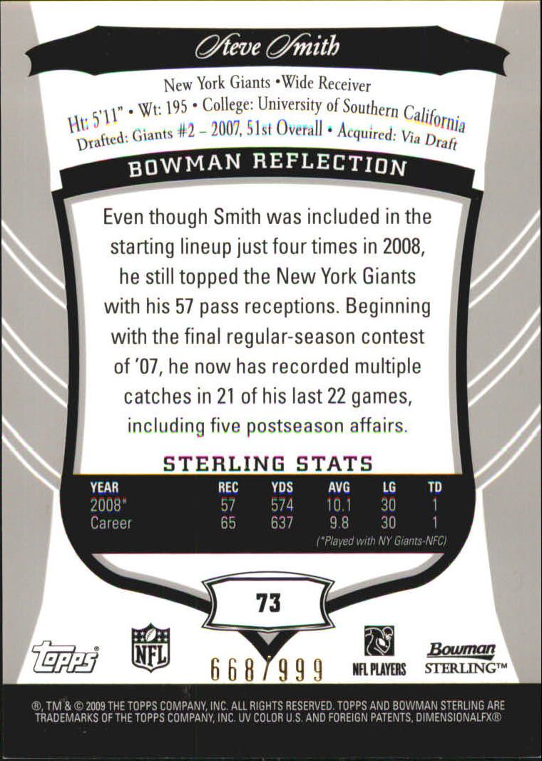 2009 Bowman Sterling #73 Steve Smith USC JSY/999 back image