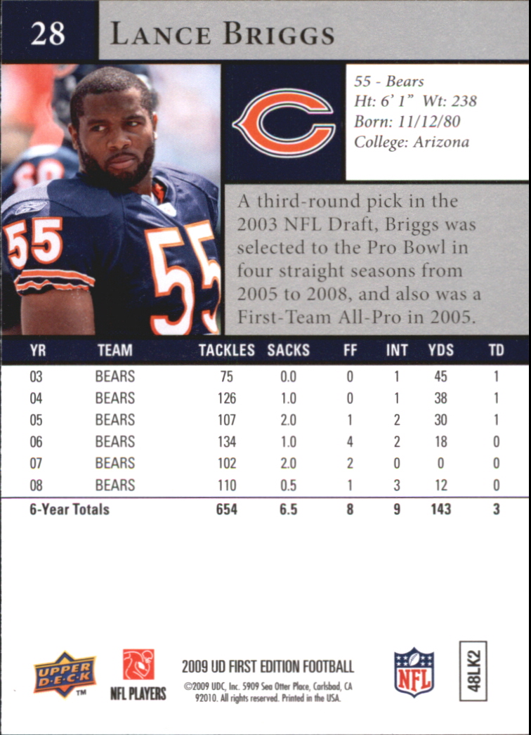 2009 Upper Deck First Edition Silver #28 Lance Briggs back image