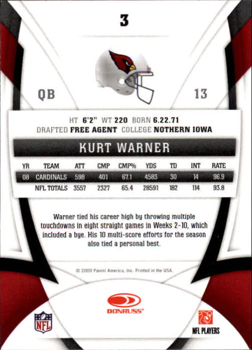 2009 Certified #3 Kurt Warner back image