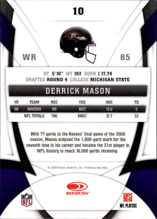 2009 Certified #10 Derrick Mason back image