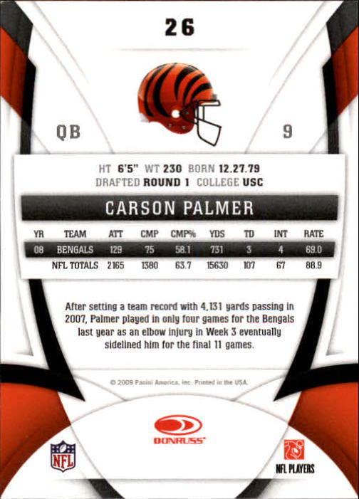 2009 Certified #26 Carson Palmer back image