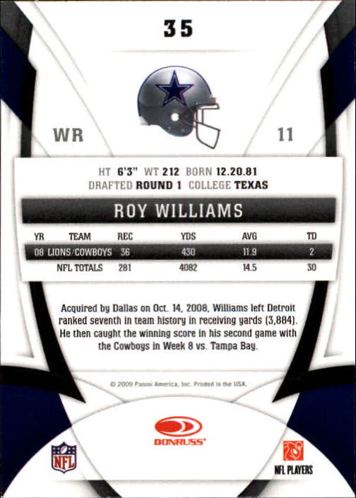 2009 Certified #35 Roy Williams WR back image