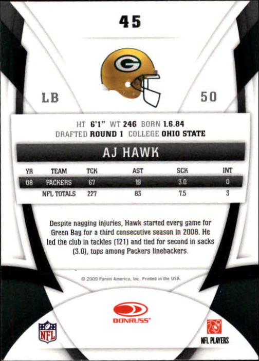 2009 Certified #45 A.J. Hawk back image