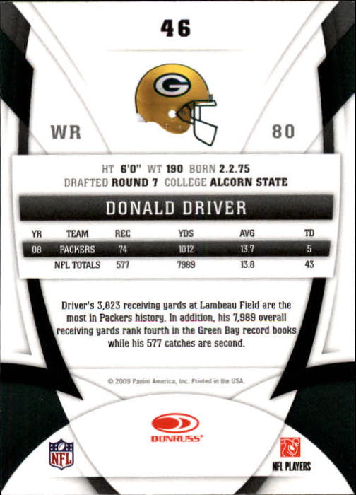 2009 Certified #46 Donald Driver back image