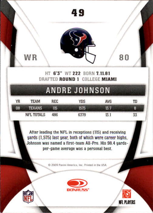 2009 Certified #49 Andre Johnson back image