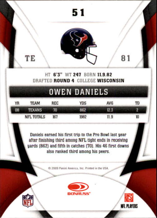 2009 Certified #51 Owen Daniels back image