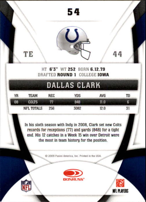 2009 Certified #54 Dallas Clark back image