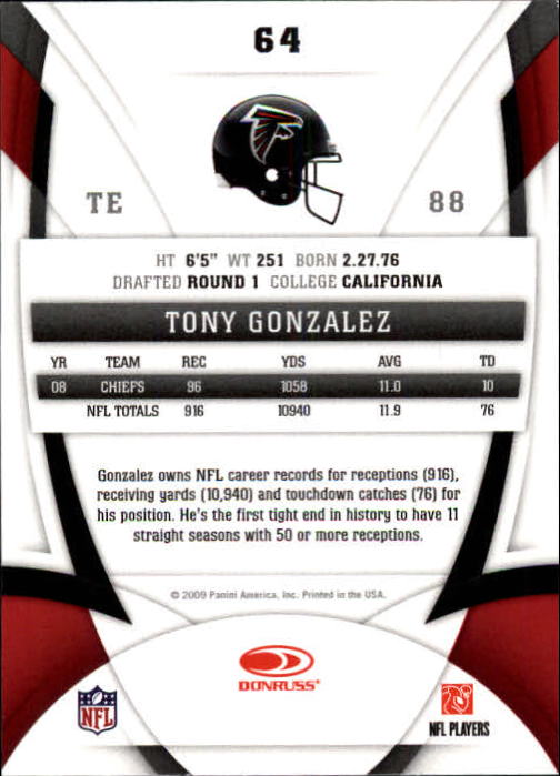 2009 Certified #64 Tony Gonzalez back image