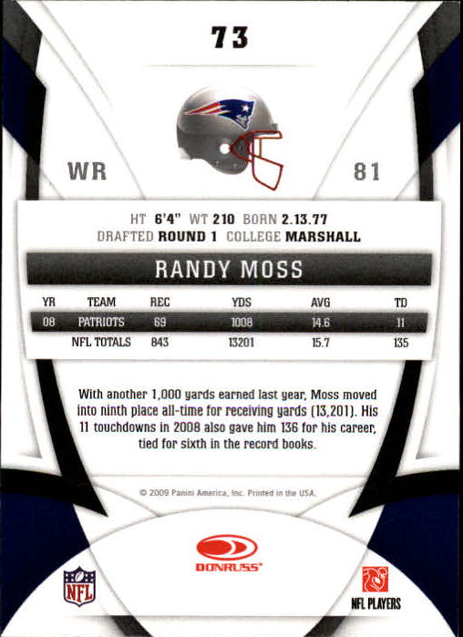 2009 Certified #73 Randy Moss back image