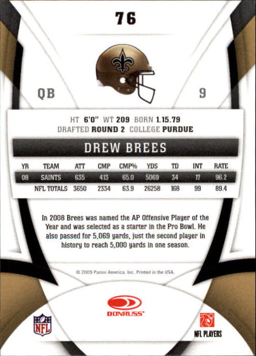 2009 Certified #76 Drew Brees back image