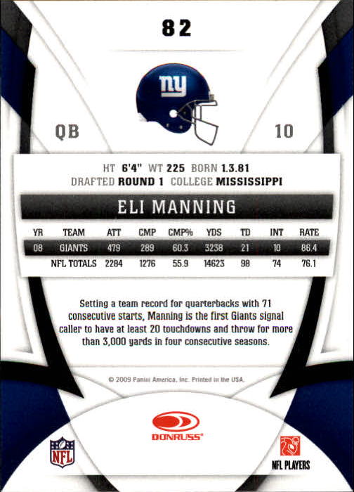2009 Certified #82 Eli Manning back image