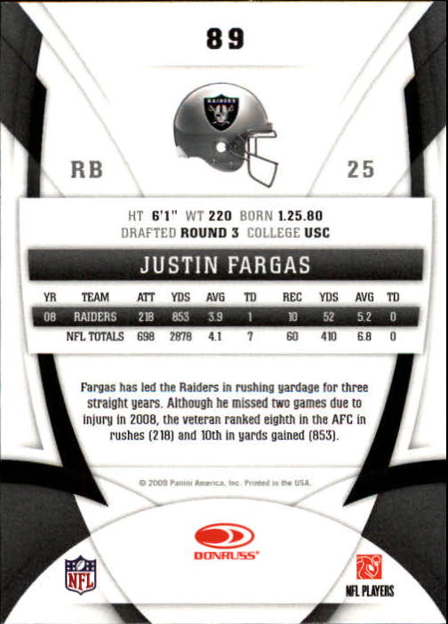 2009 Certified #89 Justin Fargas back image