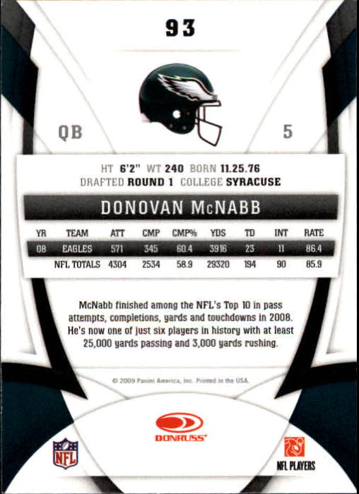 2009 Certified #93 Donovan McNabb back image