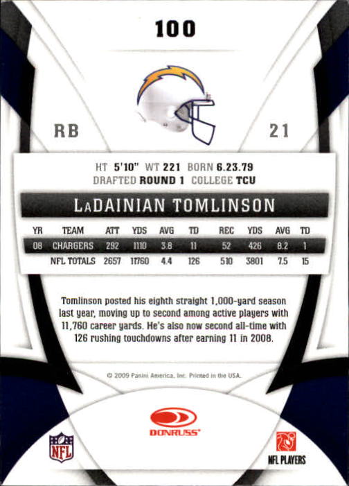 2009 Certified #100 LaDainian Tomlinson back image