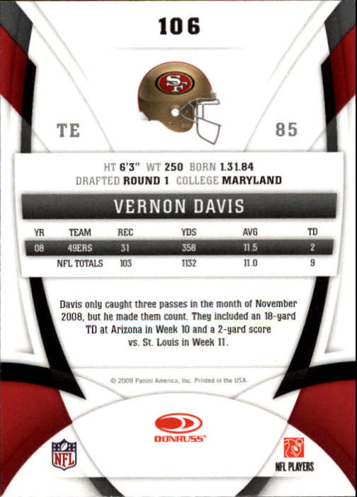2009 Certified #106 Vernon Davis back image