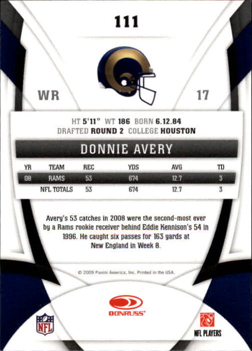 2009 Certified #111 Donnie Avery back image