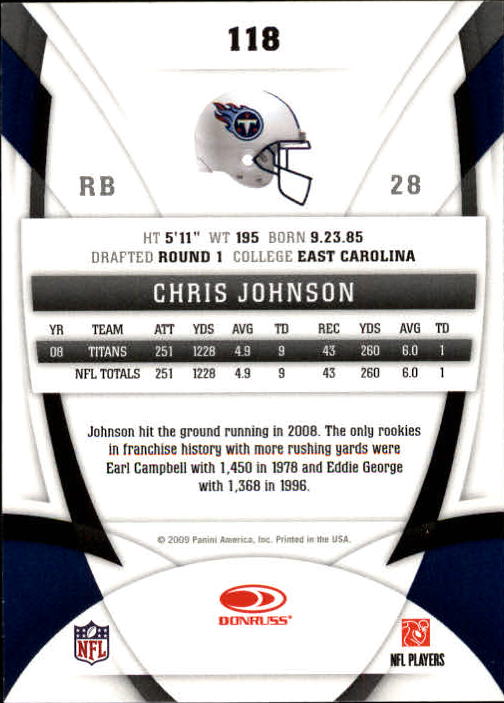 2009 Certified #118 Chris Johnson back image