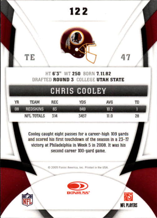 2009 Certified #122 Chris Cooley back image